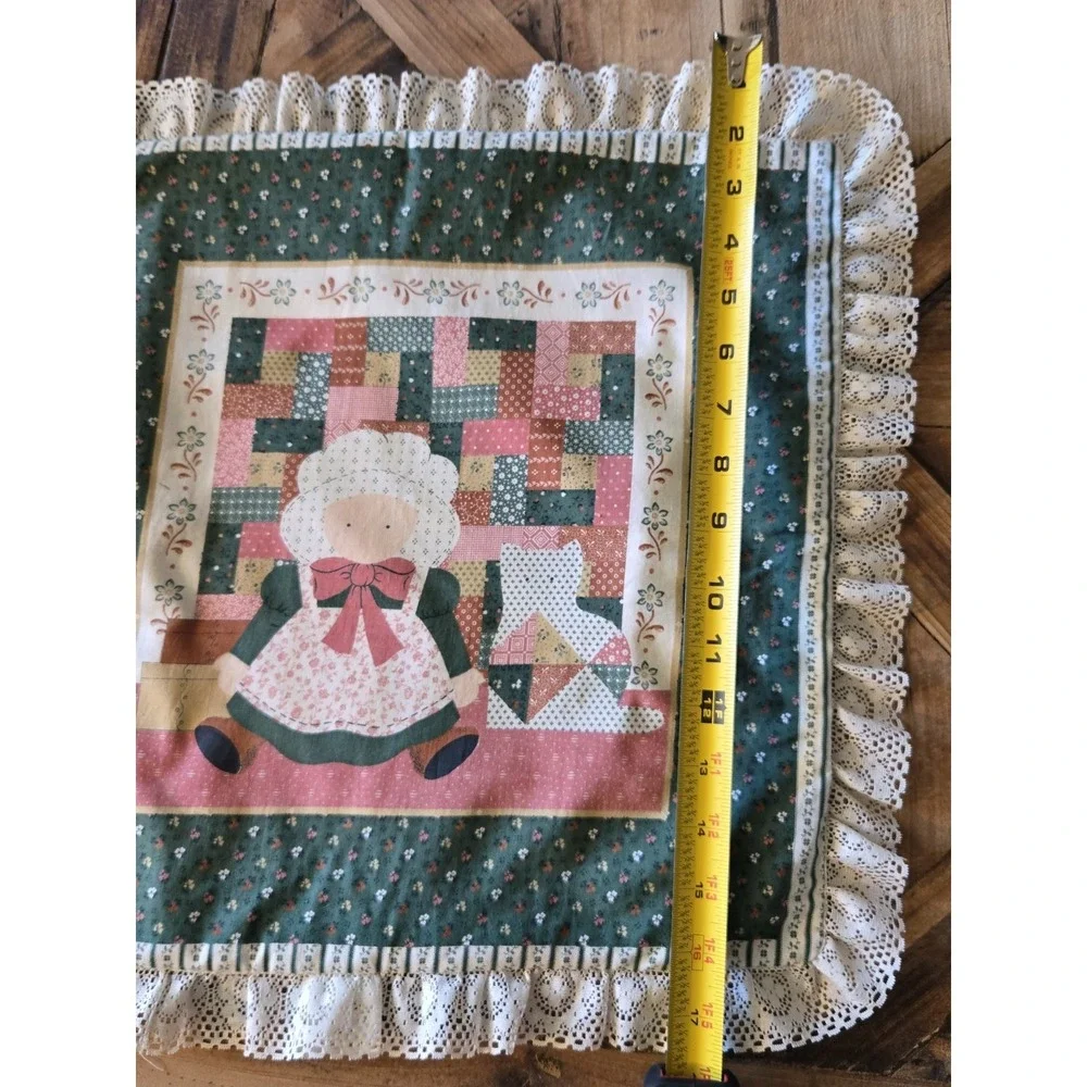 Vintage Handmade Bonnet Girl Pillow Cover Lace Ruffle Cottagecore Folk Art